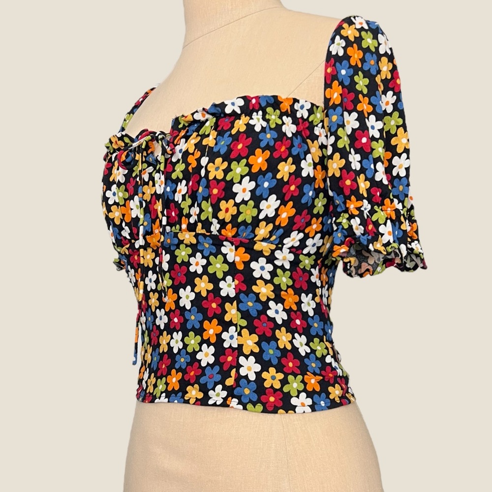 Reformation Nova Short Sleeve Ruffle Crepe Top Danica Multicolor Floral Print
